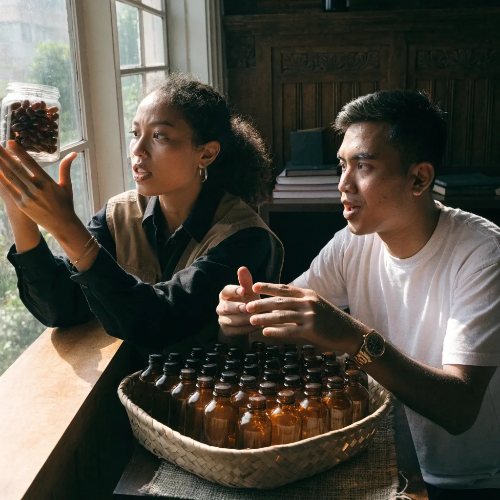 A corner of a small Denpasar writing studio with a carton of unlabeled amber jars and a dish of capsules on a dark desk