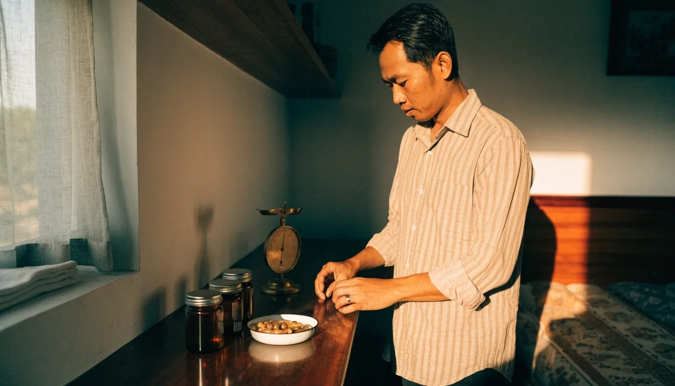 A workbench in Denpasar with unlabeled amber glass jars and a dish of loose capsules under north window light