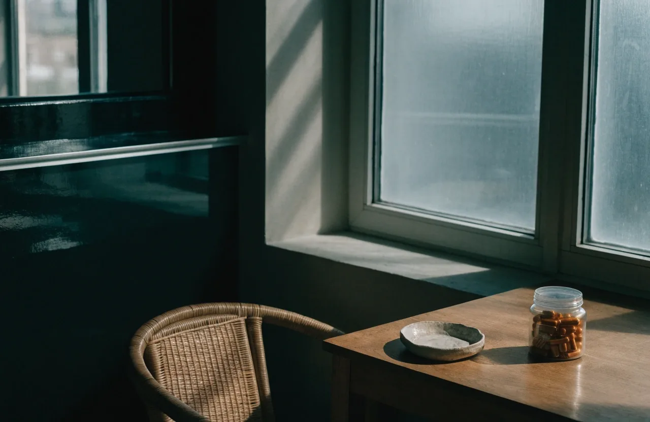 An empty slate desk in a quiet Denpasar workroom under cool window light
