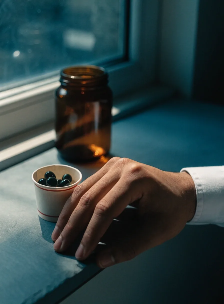 A hand beside an open paper cup of softgels on a matte slate desk with an unlabelled jar behind
