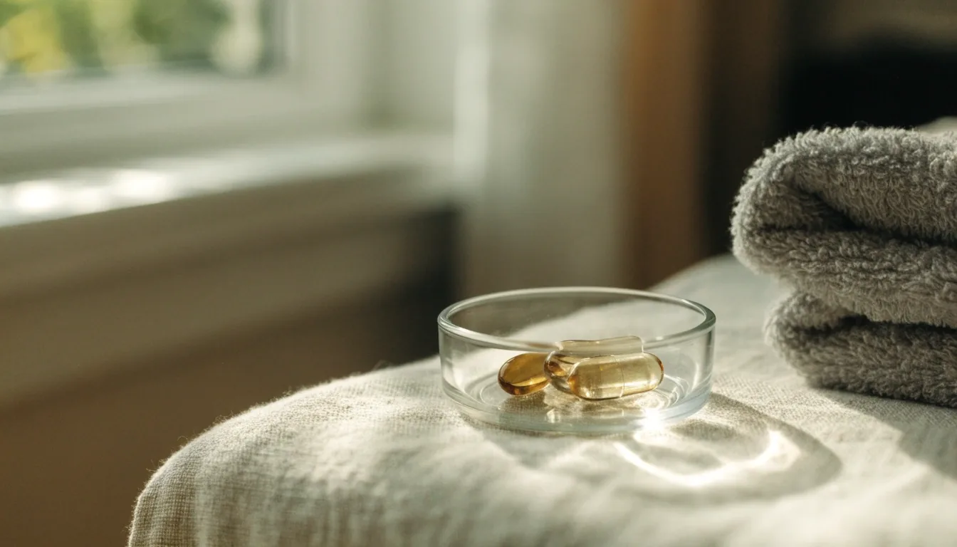 Matte capsules and tablets laid in loose rows on dark slate under a single cold skylight