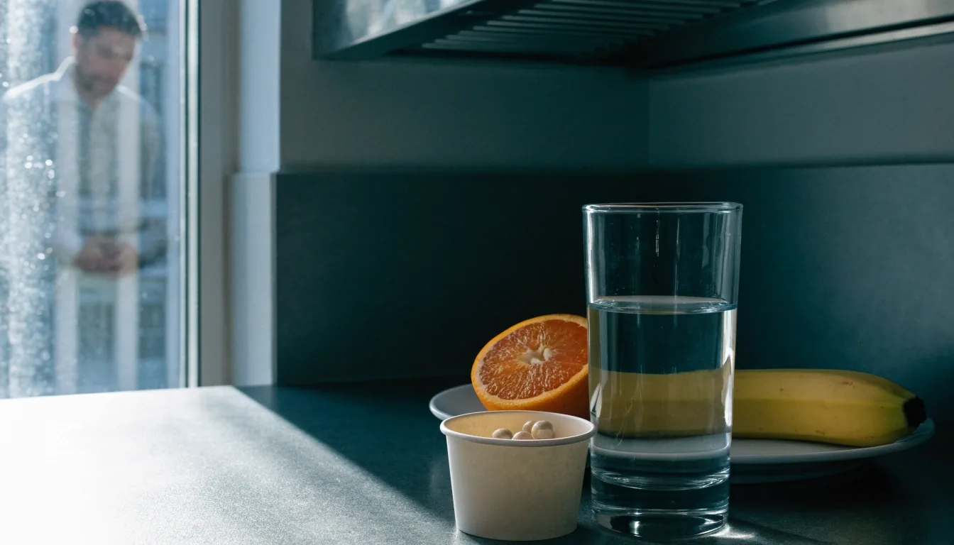 A kitchen counter at early morning with a glass of water, fruit, and a small paper cup of capsules ready before the day starts