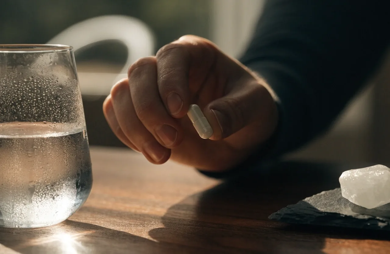 A matte capsule and a mineral tablet on a dark plate with blank blister strips behind