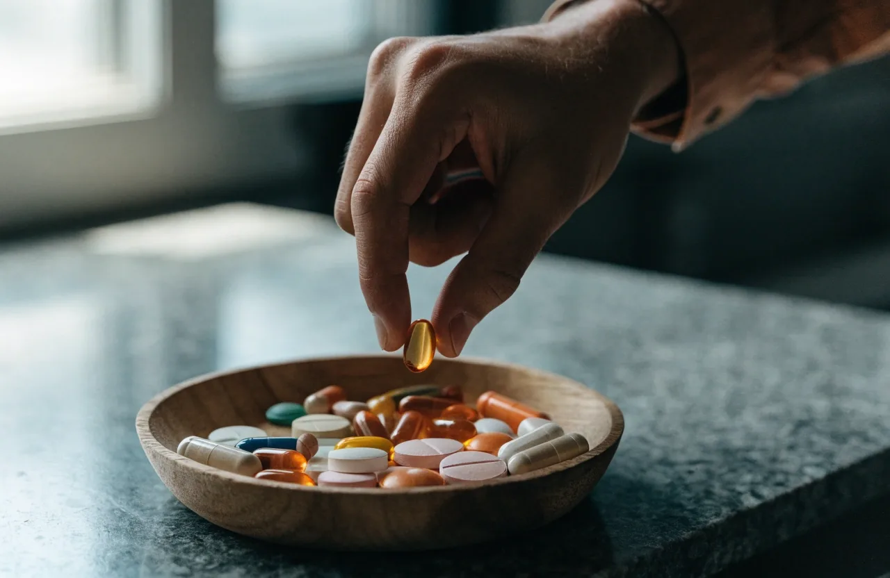 Six different capsule and tablet forms arranged in a row on dark matte stone