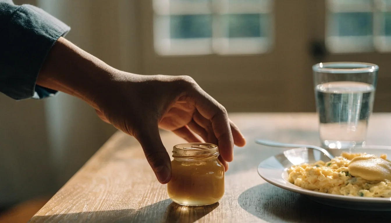 A Denpasar kitchen counter with breakfast plate, water glass, and unlabeled amber jars