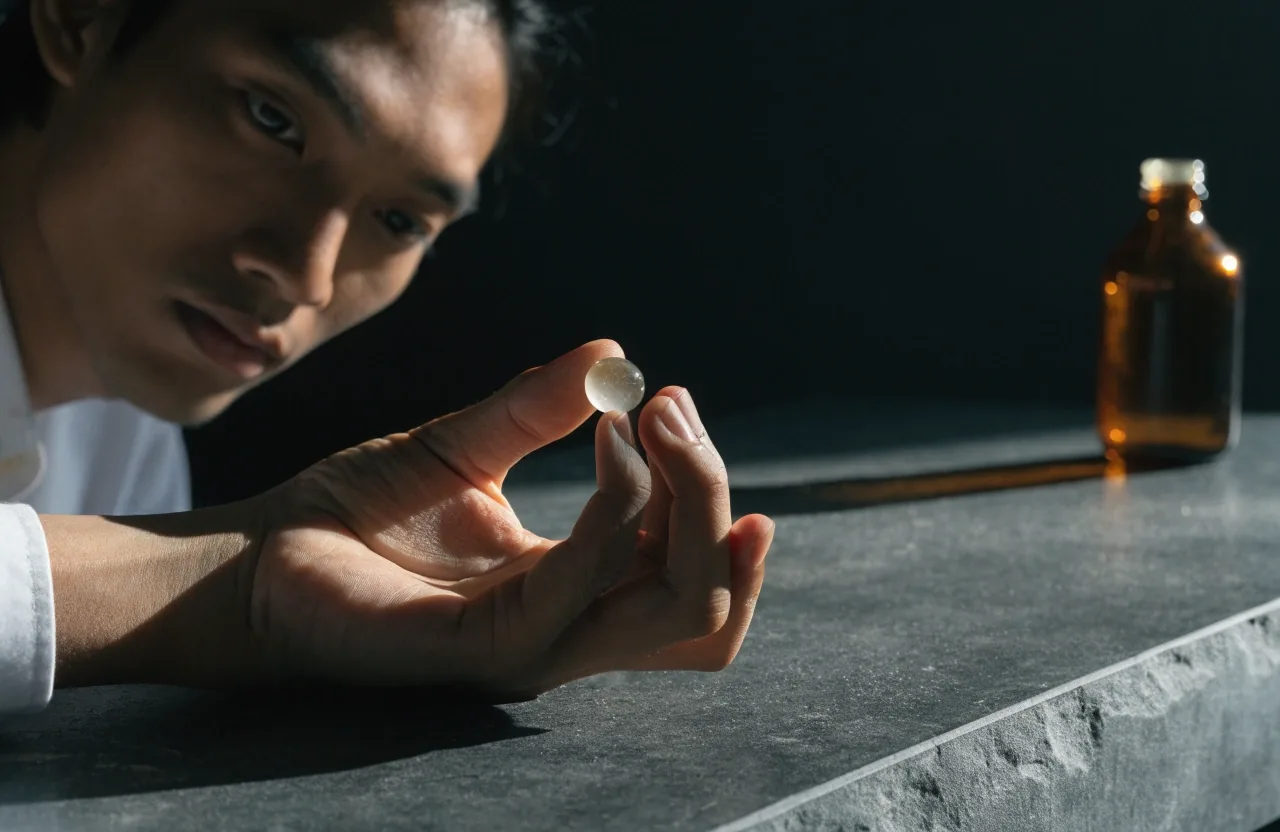 A nearly empty charcoal plate with one small clear glass vial at the far right under cold light