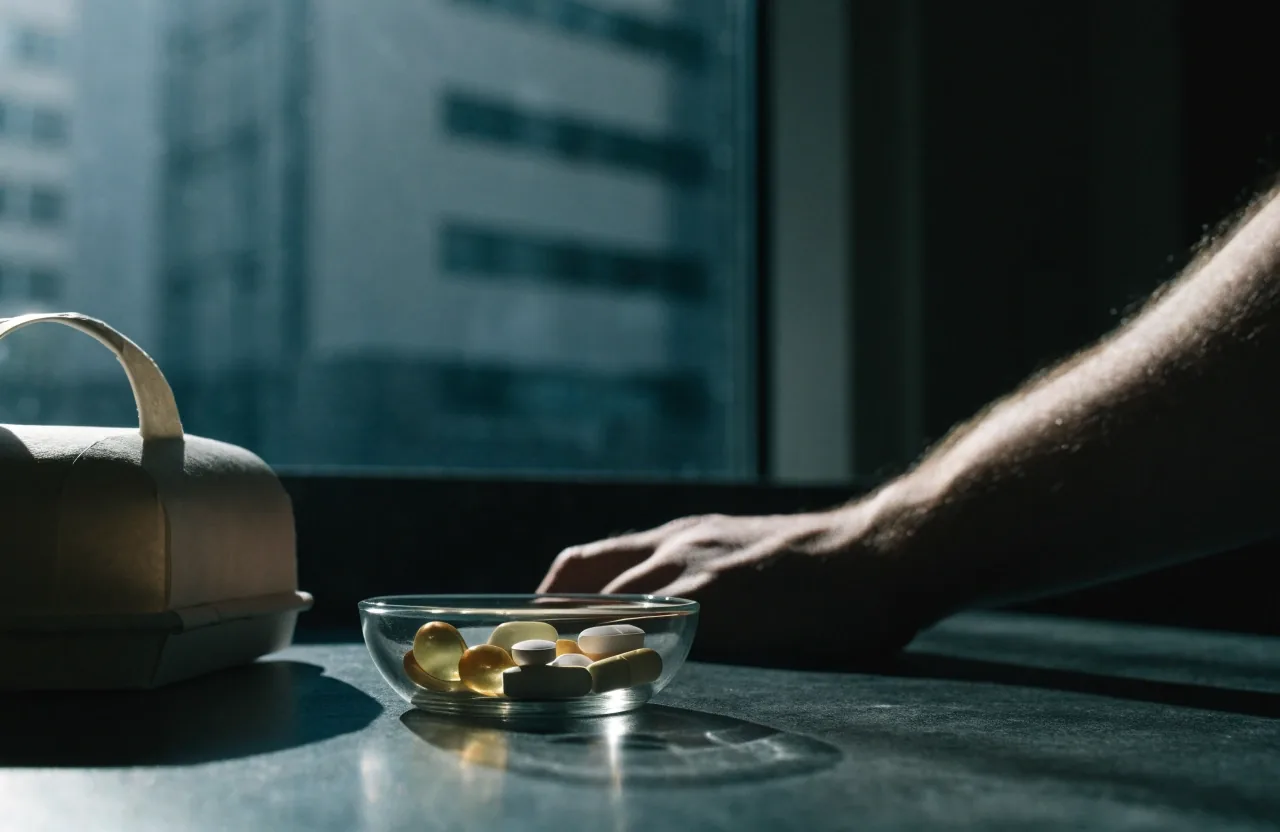 A hand scooping dark amber softgels from a slate dish into a blank paper cup