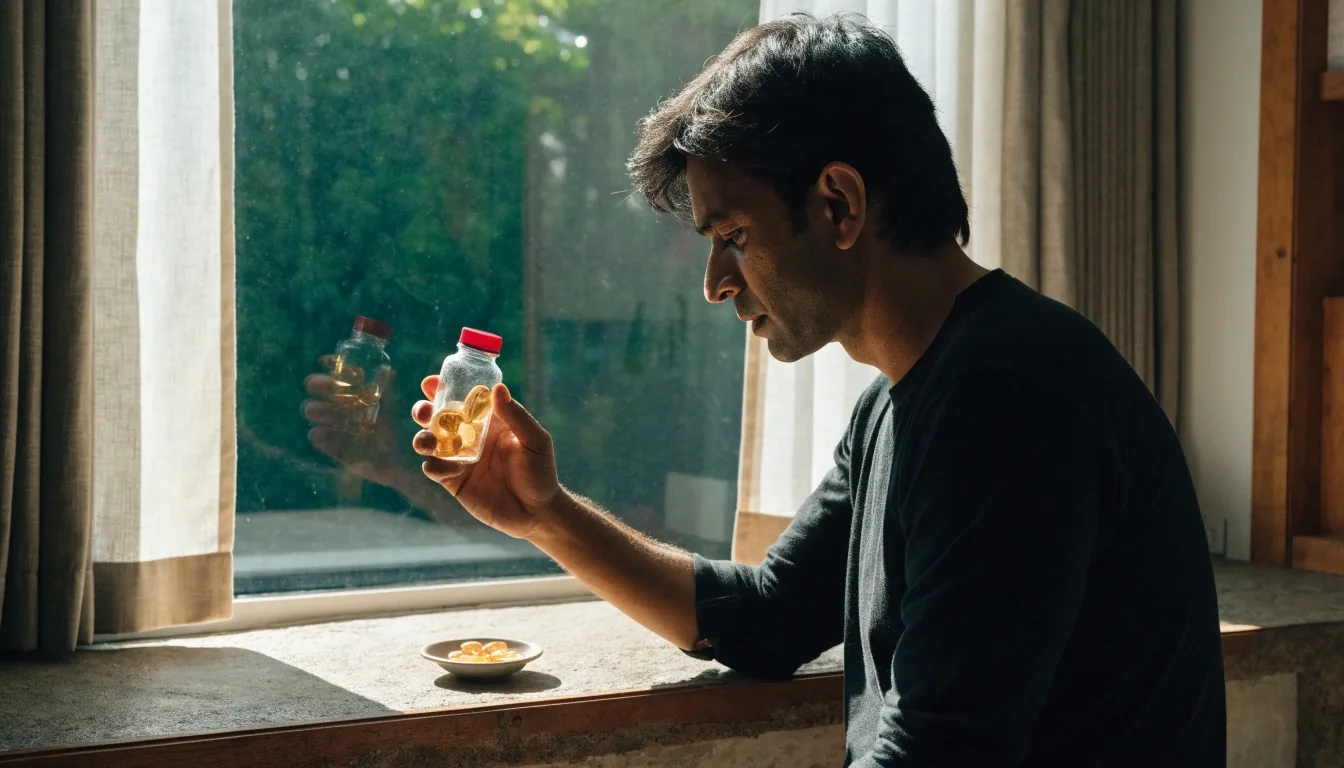 A man holding a small glass bottle of softgels toward cold window light at a kitchen counter