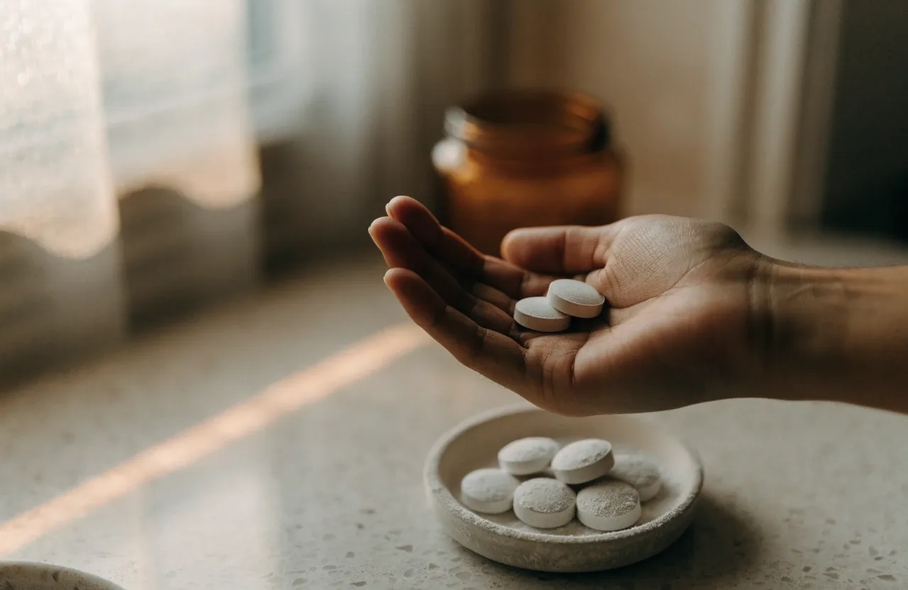 Mineral tablets on folded dark linen with a blank amber jar out of focus behind