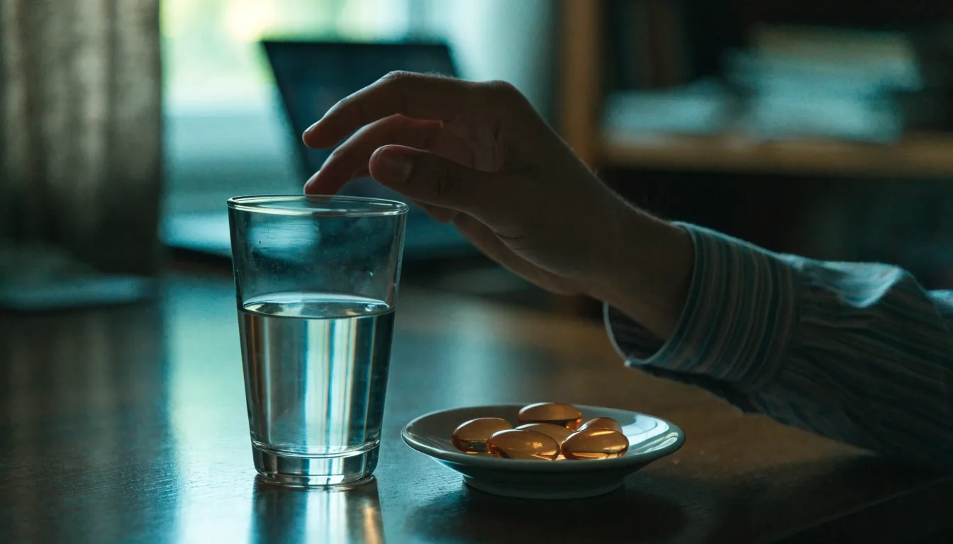 A hand at a dark desk beside a cup and a dish of softgel samples under cold light