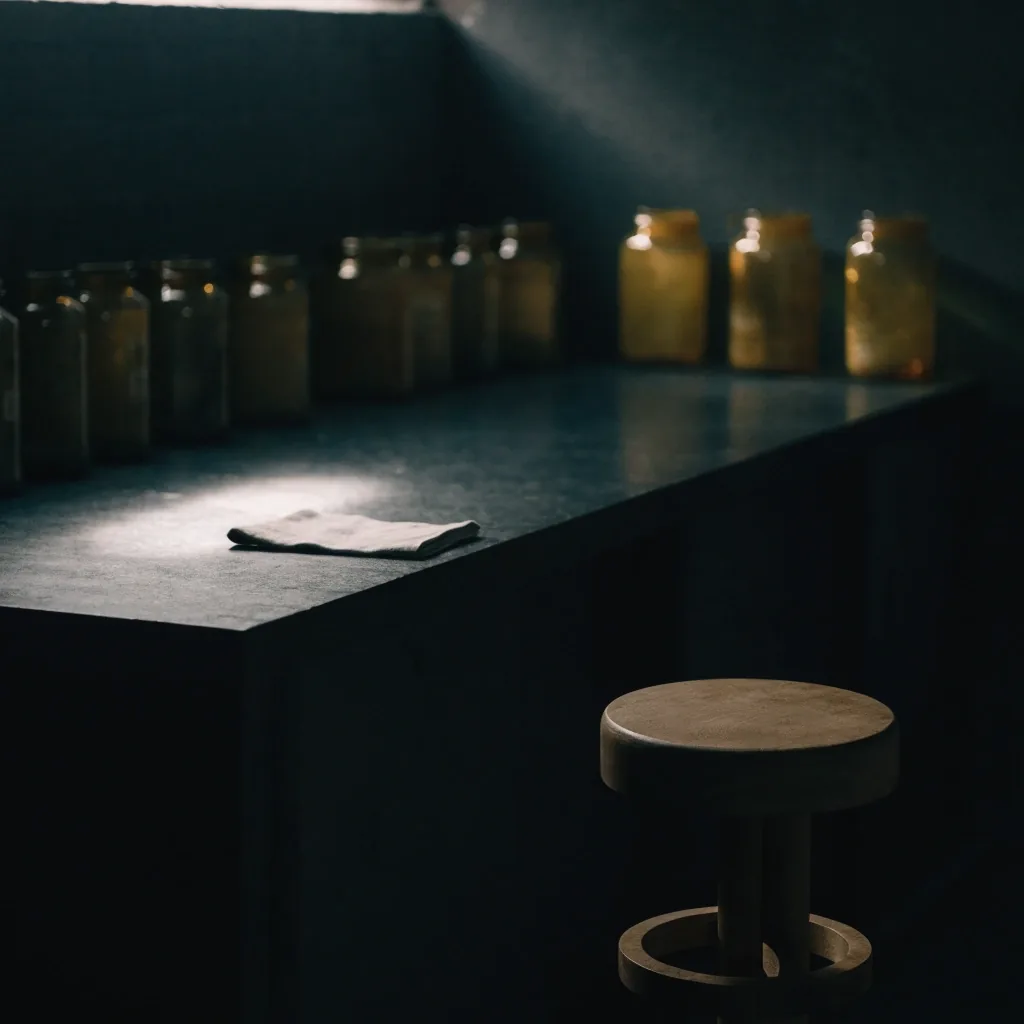 An empty dark slate counter and stool in a quiet night workroom