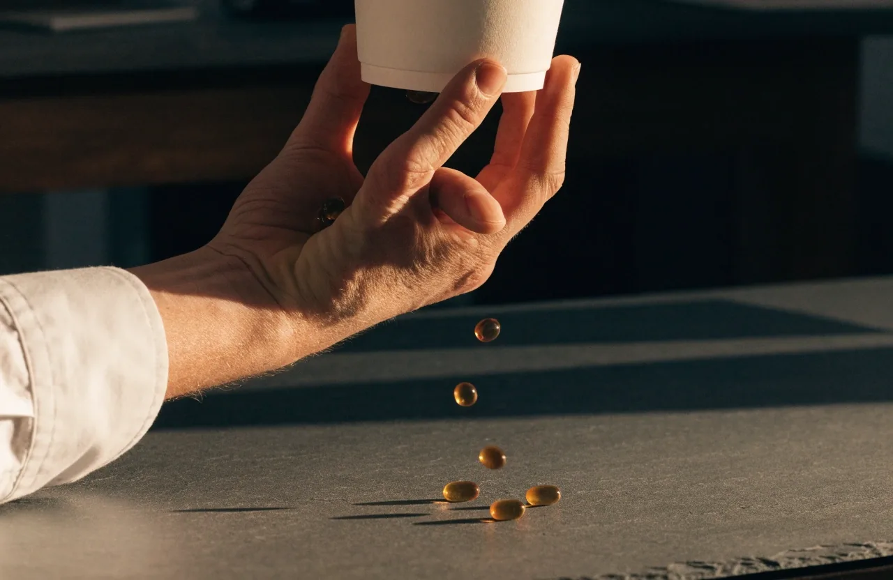 A hand tipping softgels from a paper cup onto a slate desk in low evening light