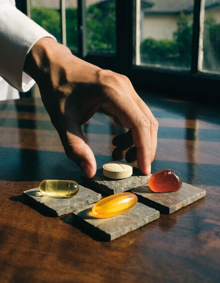 Several different supplement forms laid in a loose row on matte stone under cold directional light