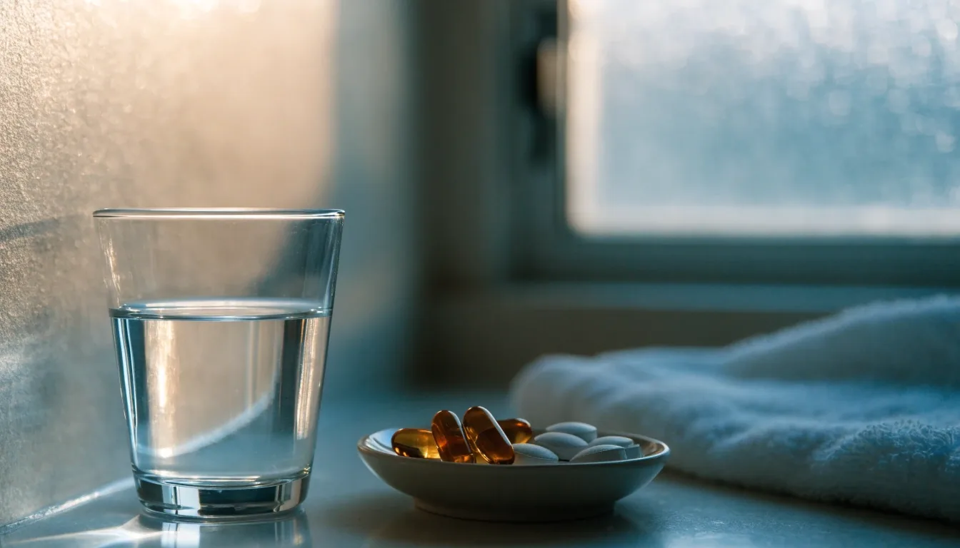 Unlabelled glass jar of amber softgels and a blank blister strip side by side on a matte slate shelf under cold light